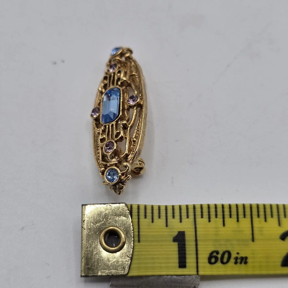 Vintage Gold Tone Filigree Bar Brooch Blue Emerald Cut Crystal Pink Rhinestone